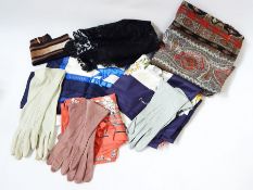 Large quantity of vintage scarves and gloves including Pierre Cardin, Lanvin, etc (1 box)