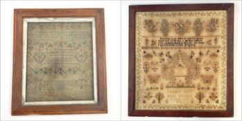 Sampler: cross stitch and embroidered with flowers, birds, insects, bees, verse and a figure of a