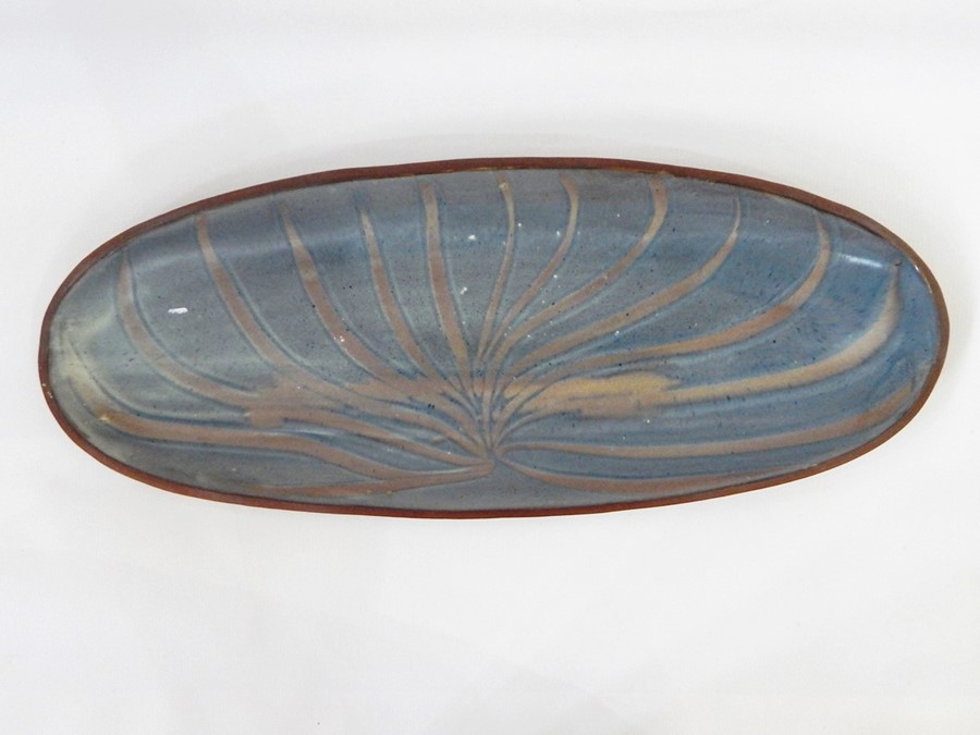 Guillot pottery bowl, banded in white and blue with lozenge decoration and terracotta oval dish with - Image 2 of 2