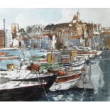 Bernard Du Four Pair of mixed media oil on canvas laid on board Harbour scenes, each signed lower