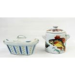 Buchan Portabello Scottish stoneware covered tureen with blue dash and yellow trellis design and