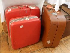 Samsonite red fitted vintage suitcase with hangers, a matching vanity case and a brown vintage