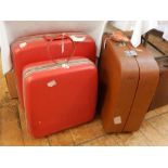 Samsonite red fitted vintage suitcase with hangers, a matching vanity case and a brown vintage