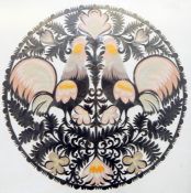 20th century Cut coloured paper  Roosters in a roundel, unsigned, 34cm diameter