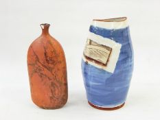 Terracotta studio pottery vase, ovoid and abstract decorated, with incised decoration in brown and