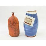 Terracotta studio pottery vase, ovoid and abstract decorated, with incised decoration in brown and