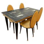 1950's Umberto Mascagni suite viz:- dining table, the rectangular top with curved corners, plate