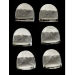 Set of six Lalique 'Pinsons' clear and opaque glass menu card holders, post 1924, each moulded