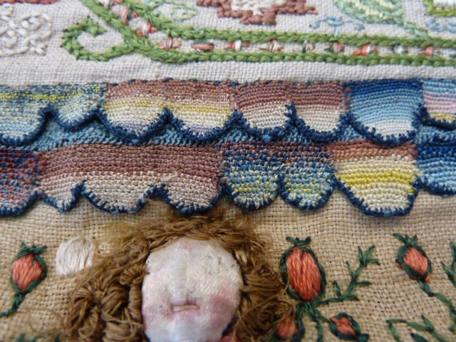 Late 17th century band sampler on natural linen, worked in coloured silks with numerous stiches - Image 5 of 11