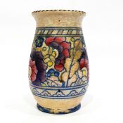 Charlotte Rhead tube lined pottery vase, baluster shaped with floral band decoration, 18cm high