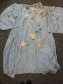 Japanese pale blue silk embroidered kimono, possibly1890's, silk worn and faded in places