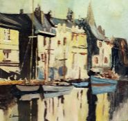 In the manner of Edward Seago  Oil on board Venetian canal scene, bears signature lower left, 59cm