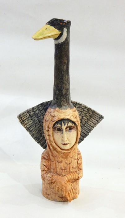 Amanda Popham (b.1954) stoneware sculpture figure "Go as a Goose", half-length figure wearing