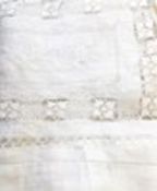 Chinese linen tablecloth with cut work and embroidered detail, the central panel embroidered with