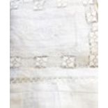 Chinese linen tablecloth with cut work and embroidered detail, the central panel embroidered with