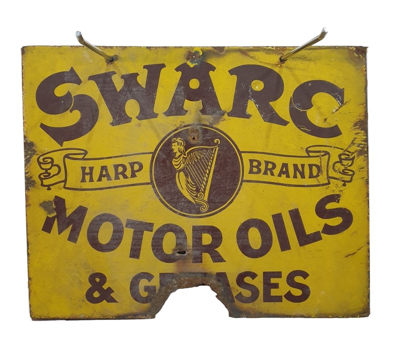 Swarc Harp Brand Motor Oils and Gasses double sided enamel sign and HF Motor. Salvage. Corps