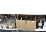 Two boxes of various assorted glassware including wines, sherry, decanter, engraved glass, tumblers,