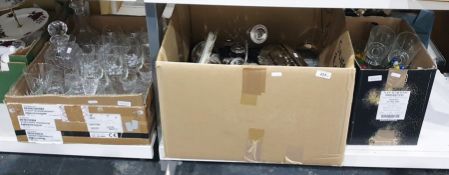 Two boxes of various assorted glassware including wines, sherry, decanter, engraved glass, tumblers,