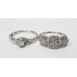 9ct white gold solitaire diamond ring and another similar 9ct white gold triple-cluster ring (2)