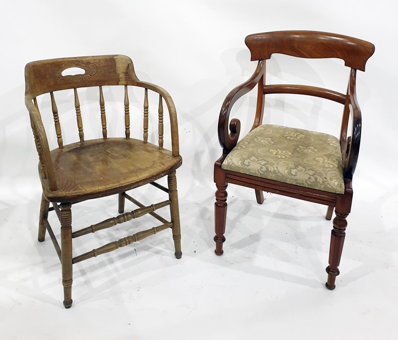 19th century mahogany bar-back carver chair with scrolled arms, plush upholstered seat, raised