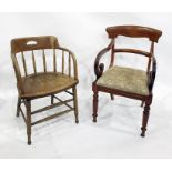 19th century mahogany bar-back carver chair with scrolled arms, plush upholstered seat, raised