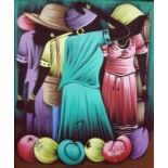 Pair oils on canvas African women with brightly coloured hats and fruit to the foreground, one