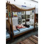 Stained beech full four-poster bed with fabric canopy, with turned and reeded column supports and