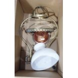 Ceiling gas light fitting in brass with white glass shade