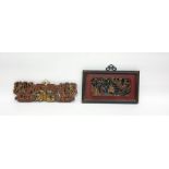 Late 19th/early 20th century Chinese carved and pierced panel in a red painted and gilt decorated