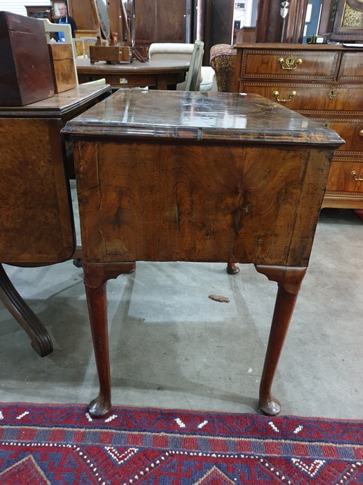 Possibly 18th century oyster walnut lowboy with moulded edge above one long and three short drawers, - Image 3 of 12