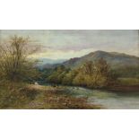 19th century English school Oil on canvas Highland river landscape with cattle watering at river's