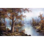 Oil on canvas River scene with autumn trees and mist with an island in the middle, 59cm x 90cm,