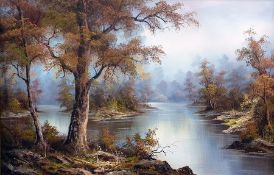 Oil on canvas River scene with autumn trees and mist with an island in the middle, 59cm x 90cm,