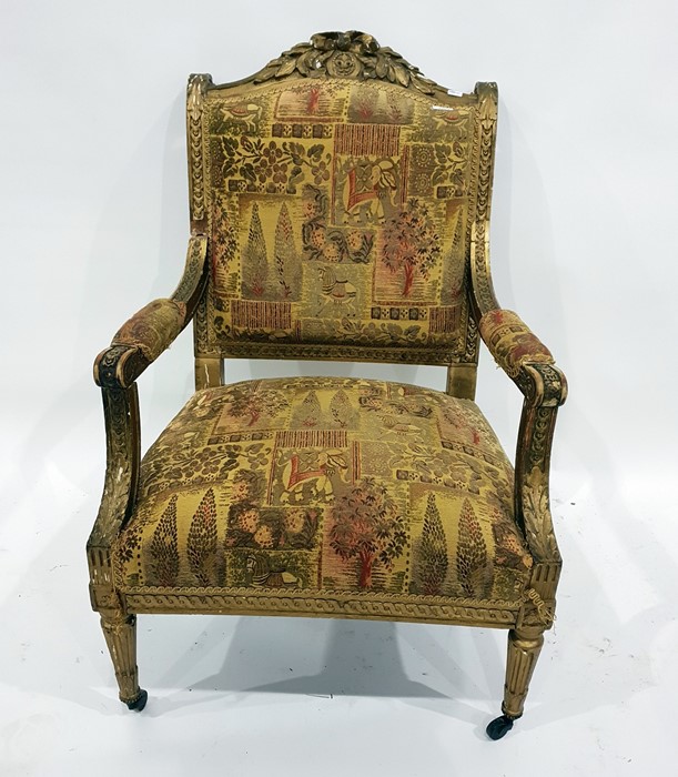 19th century gilt gesso open armchair, having foliate and ribbon pediment, raised guilloche ornament