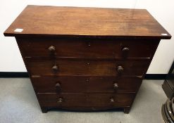 19th century mahogany chest of four long drawers, shaped apron, bracket feet, 107.5cm