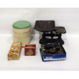 Set of scales, a Spong bean slicer, a sectional tin, etc