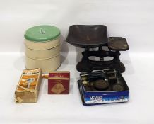 Set of scales, a Spong bean slicer, a sectional tin, etc