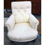 Pair of 19th century armchairs in cream button back upholstery, on mahogany turned front supports to