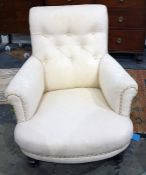 Pair of 19th century armchairs in cream button back upholstery, on mahogany turned front supports to