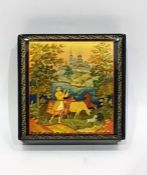 20th century Russian lacquer square box featuring figures amongst bulls, building to the