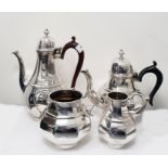 Edwardian four-piece silver bachelor's tea set by Goldsmiths & Silversmiths Co Ltd, London 1908