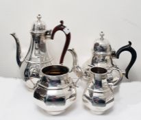 Edwardian four-piece silver bachelor's tea set by Goldsmiths & Silversmiths Co Ltd, London 1908