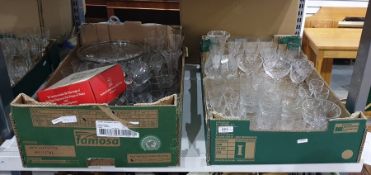 Large quantity of glassware including a cake stand, a glass bell, various tumblers, boxed Royal