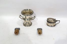 Silver two-handled urn by Elkington & Co, 8cm high, a silver mustard pot of oval form and two