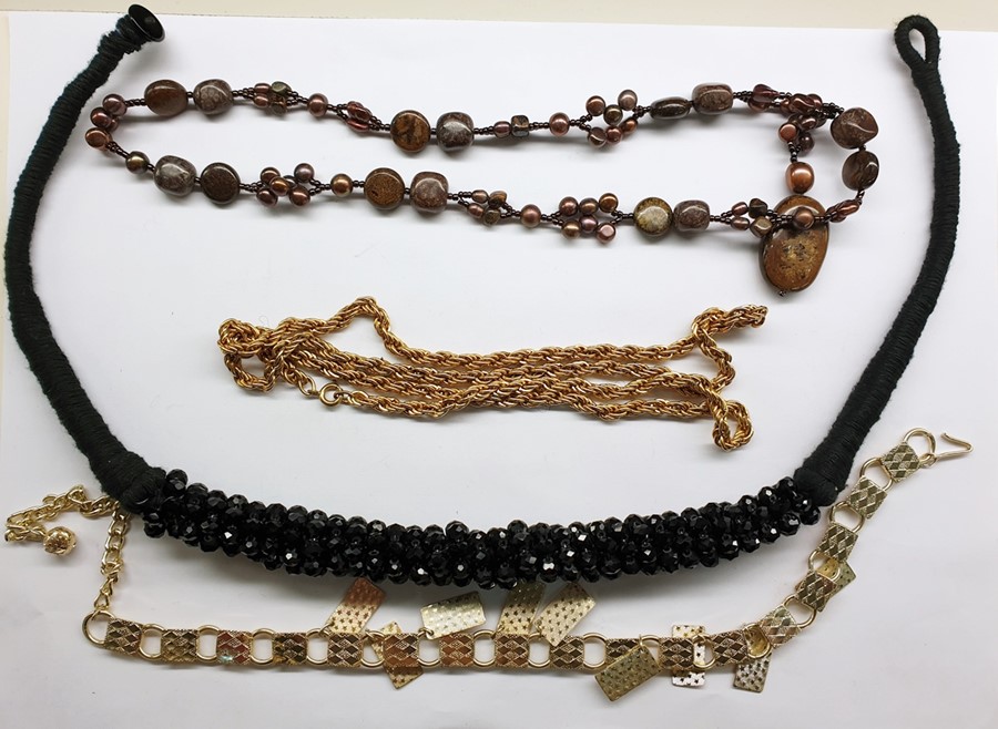 Quantity of costume jewellery including hardstone necklaces, bead necklaces, a leather and faux-