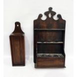 19th century oak pipe rack with box compartment, height 56cm together with an old oak candle box (2)
