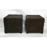 Pair of stained rush work side tables, with undershelf, the square tops 58cms
