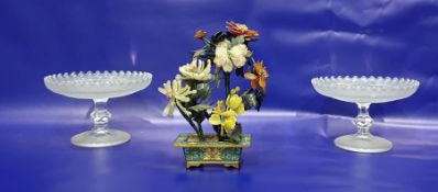 Pair of Victorian Sowerby pressed glass tazzas and a polished stone floral centrepiece