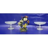 Pair of Victorian Sowerby pressed glass tazzas and a polished stone floral centrepiece