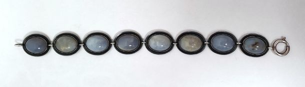 LOT WITHDRAWN South African silver and agate bracelet, the grey agate cabochons in plain oval